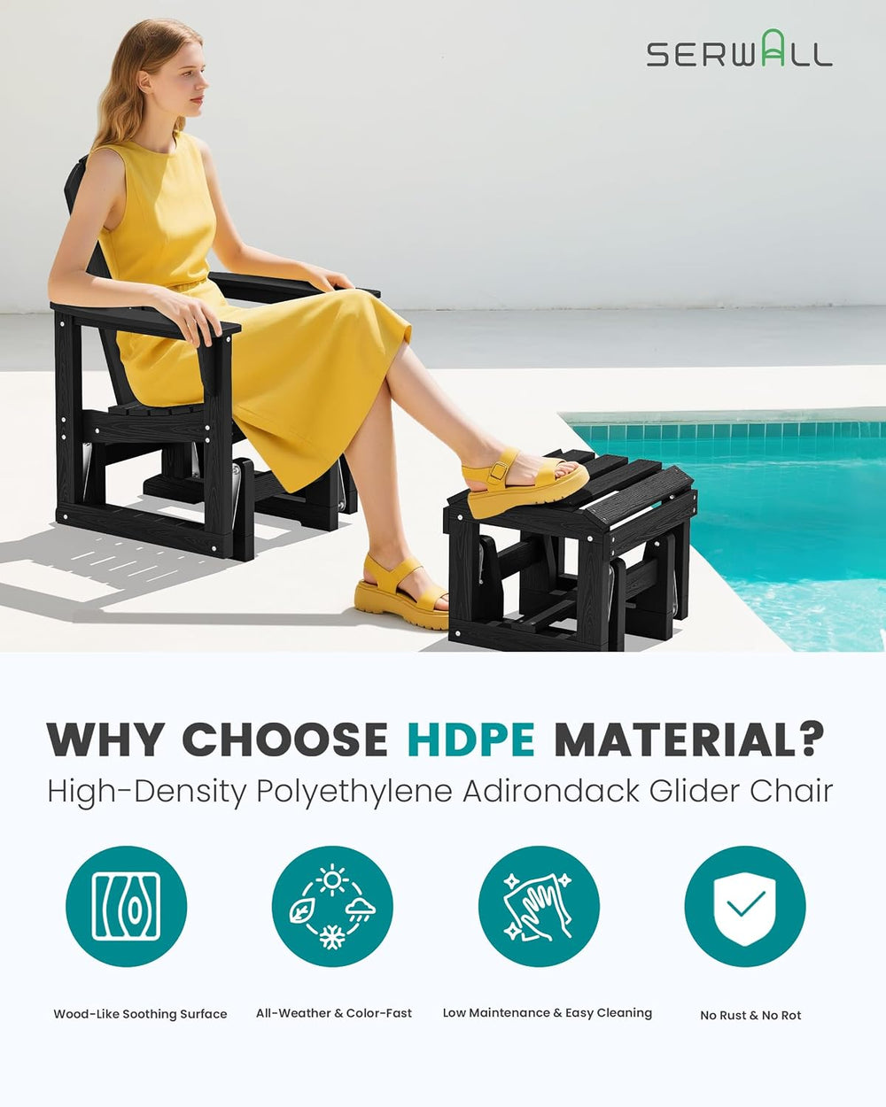 SERWALL HDPE Outdoor Glider with Ottoman Set of 4, All-Weather Patio Glider