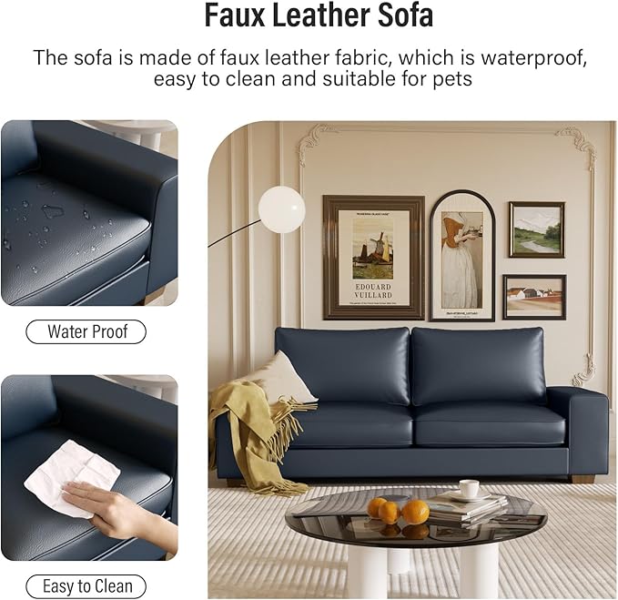 Faux Leather Couch, Mid Century Modern Comfy Loveseat Sofa with Wide Arm, Sid...