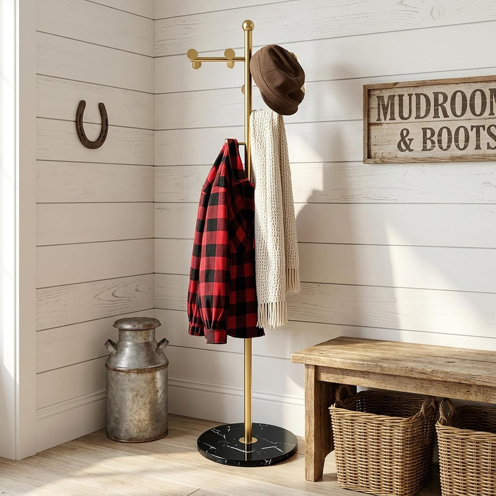 Modern Freestanding Coat Rack with Marble Base, 8 Hooks