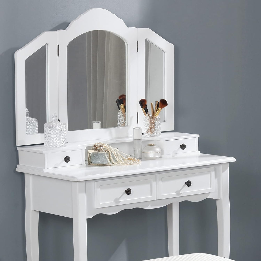 Montary Makeup Vanity Desk with 3-Panel Mirror, Wooden Vanity Dressing Table ...