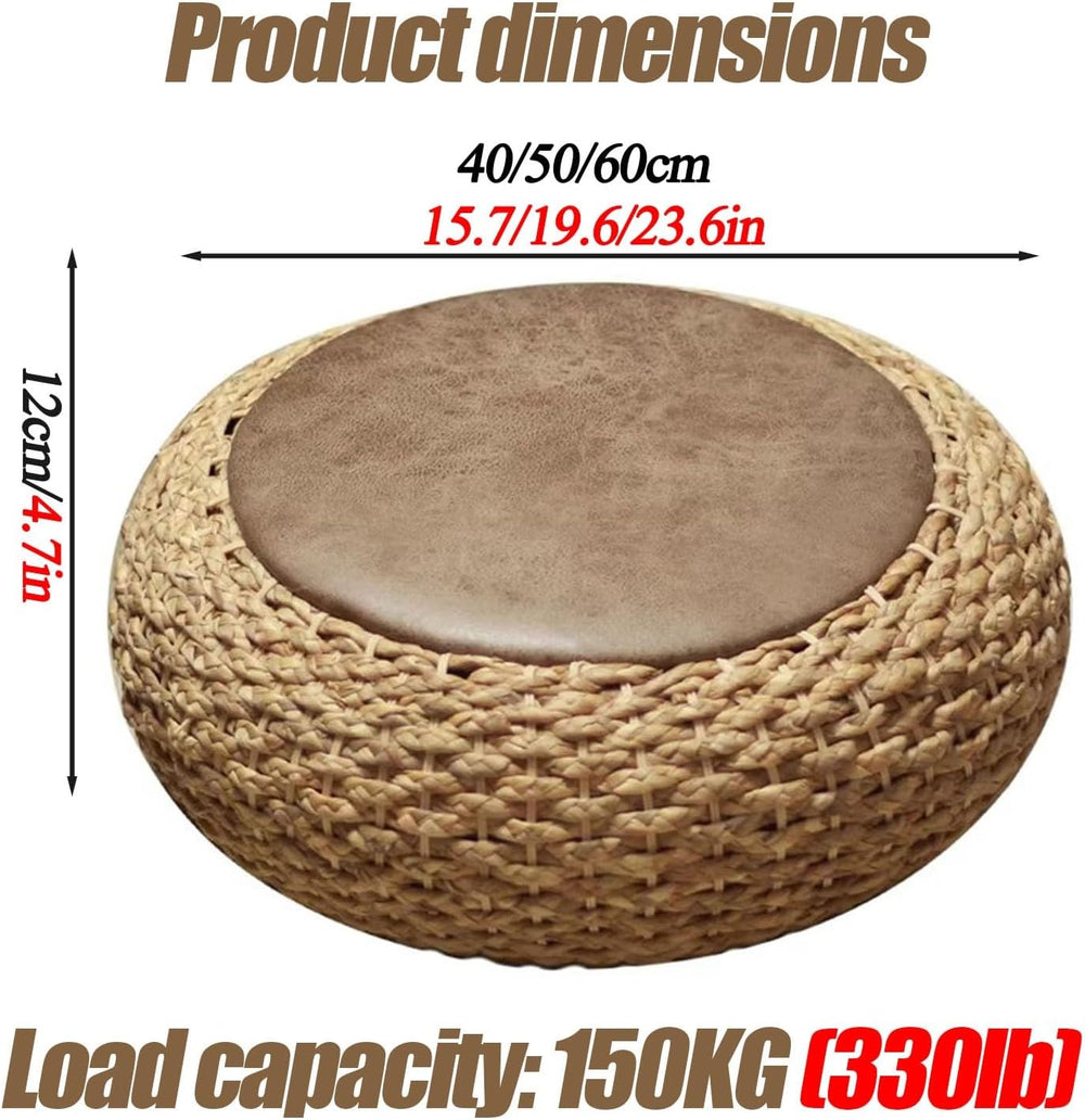 Round Straw Knitted Pouf, Foot Stool Leather Roof Steel Frame Stuffed Futon,f...