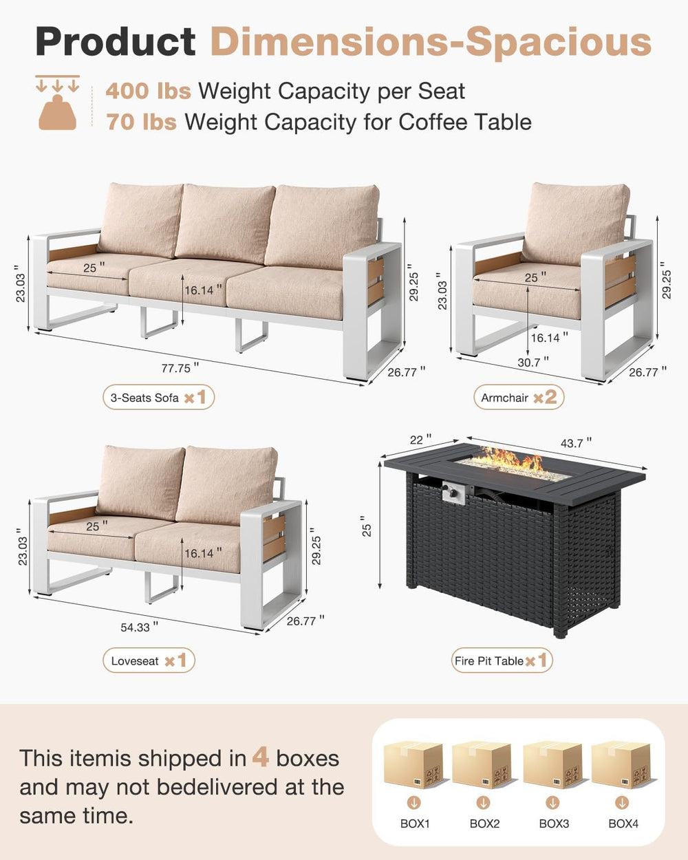 Aoxun Aluminum Patio Furniture Set with Fire Pit Table, 5 Piece Luxury Outdoo...