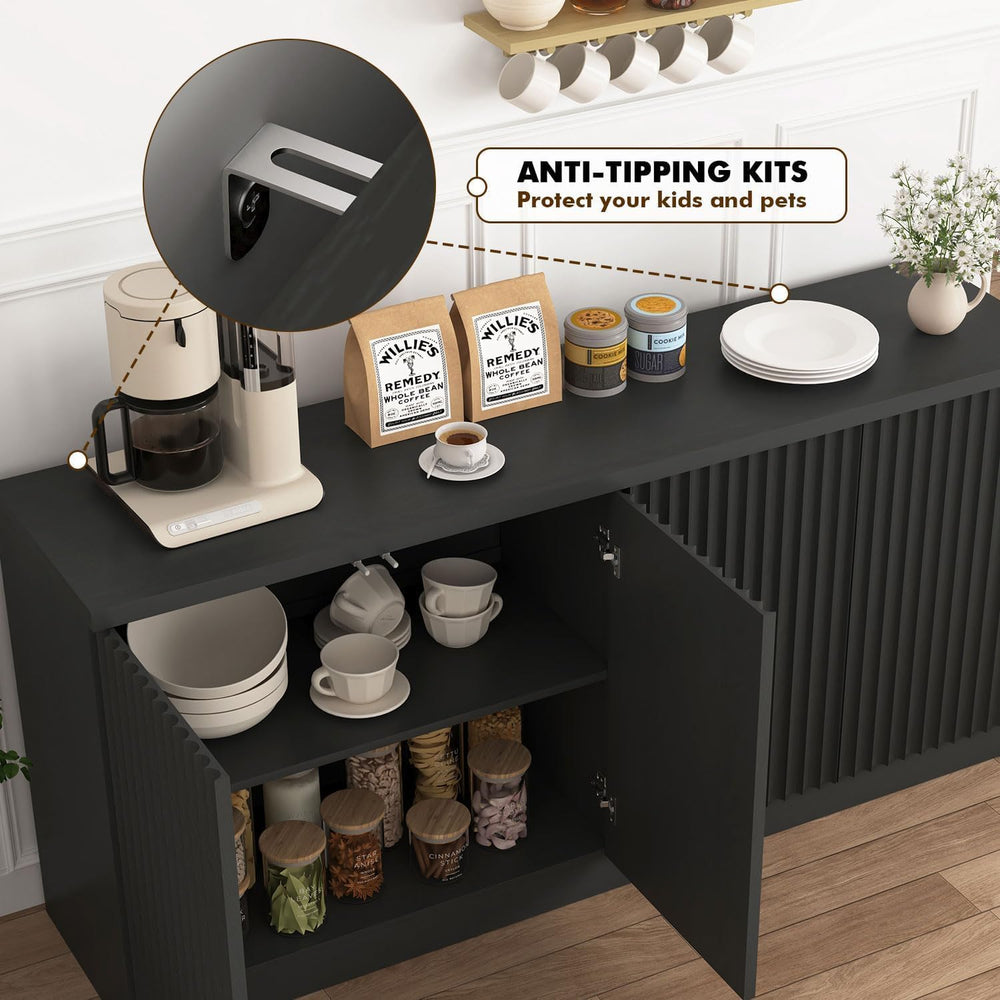 Fluted Sideboard Buffet Cabinet, 63" Credenza Storage Cabinet with 4/6 D...