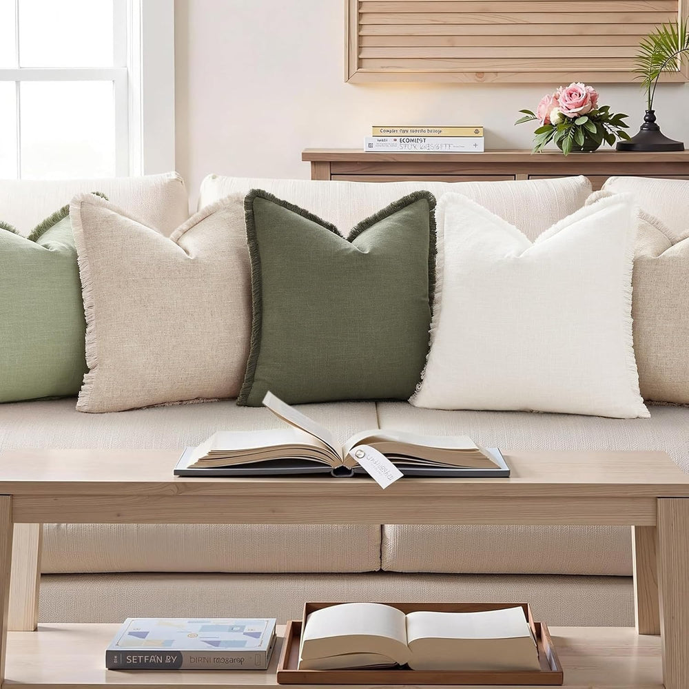 decorUhome Linen Fringe Cream White Throw Pillow Covers 24x24 Set of 2