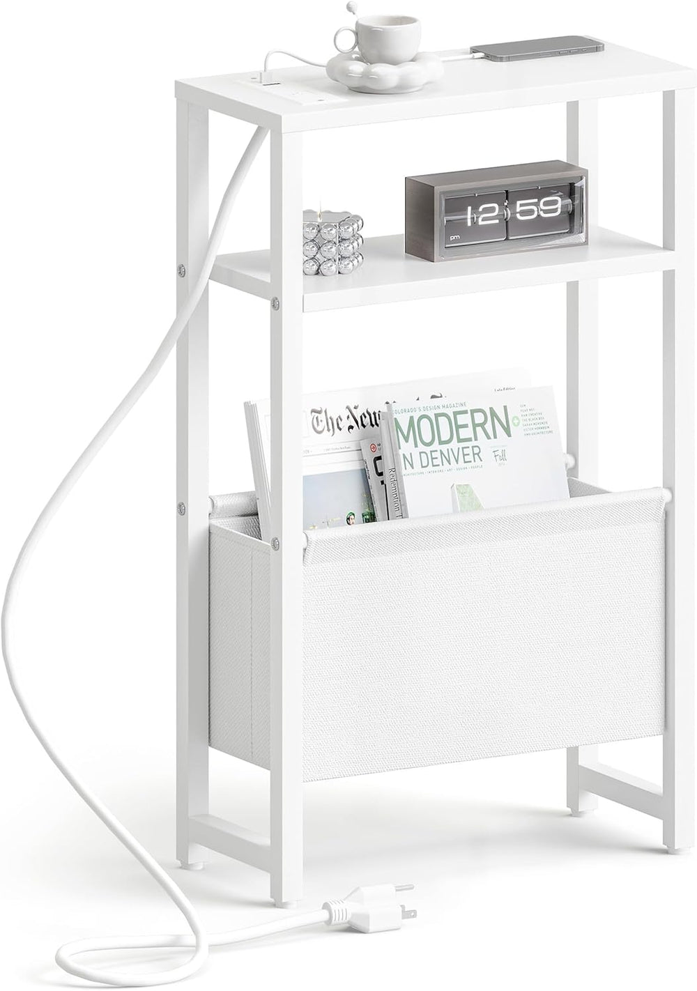 Narrow Side Table with Charging Station Slim End Table Sofa with Magazine Rac...