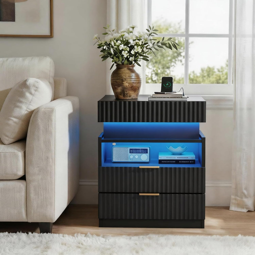 Night Stand with Wireless Charging Station, Black Bedside Table with Hidden G...