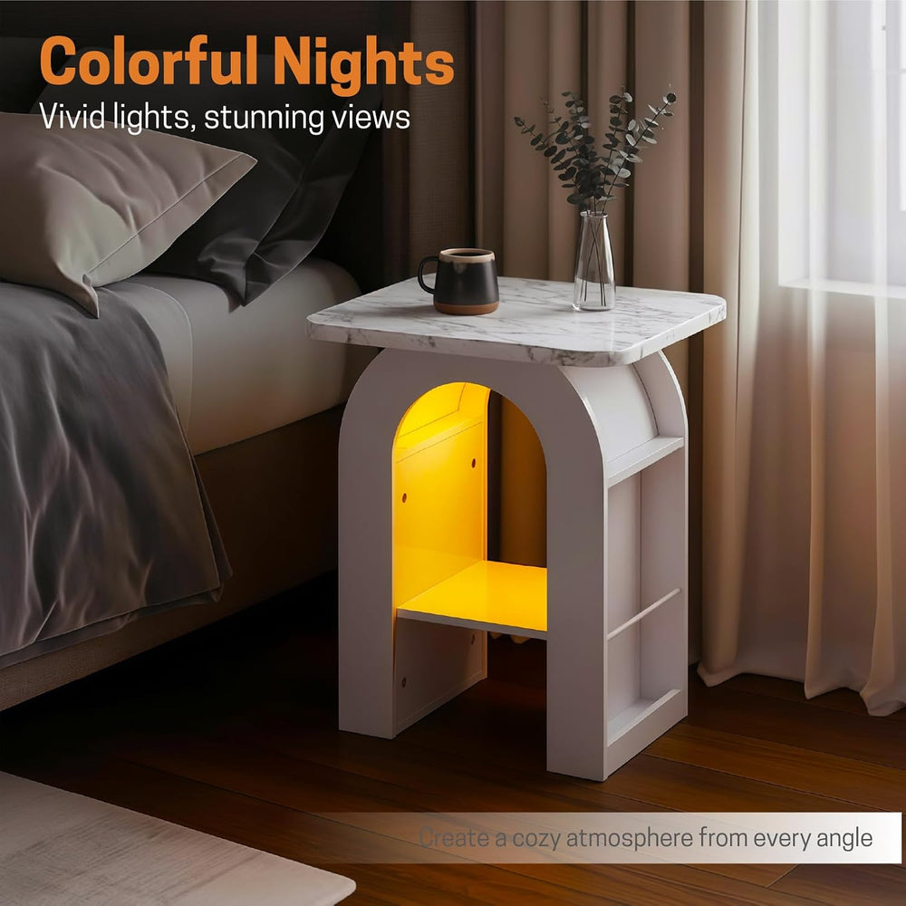 Furnaza End Table Set of 2,Marble Top Beside Table with LED Stip,Nightstand S...