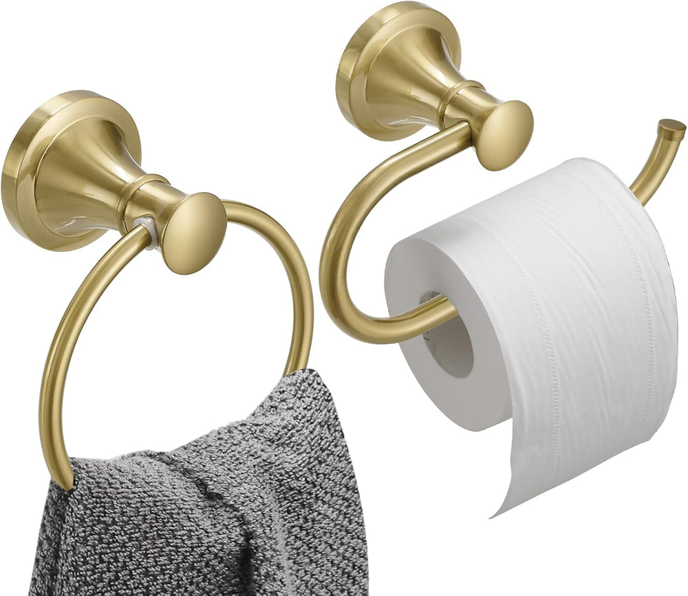 Hoimpro Toilet Paper Holder Towel Ring Set, Wall Mount Brushed Gold