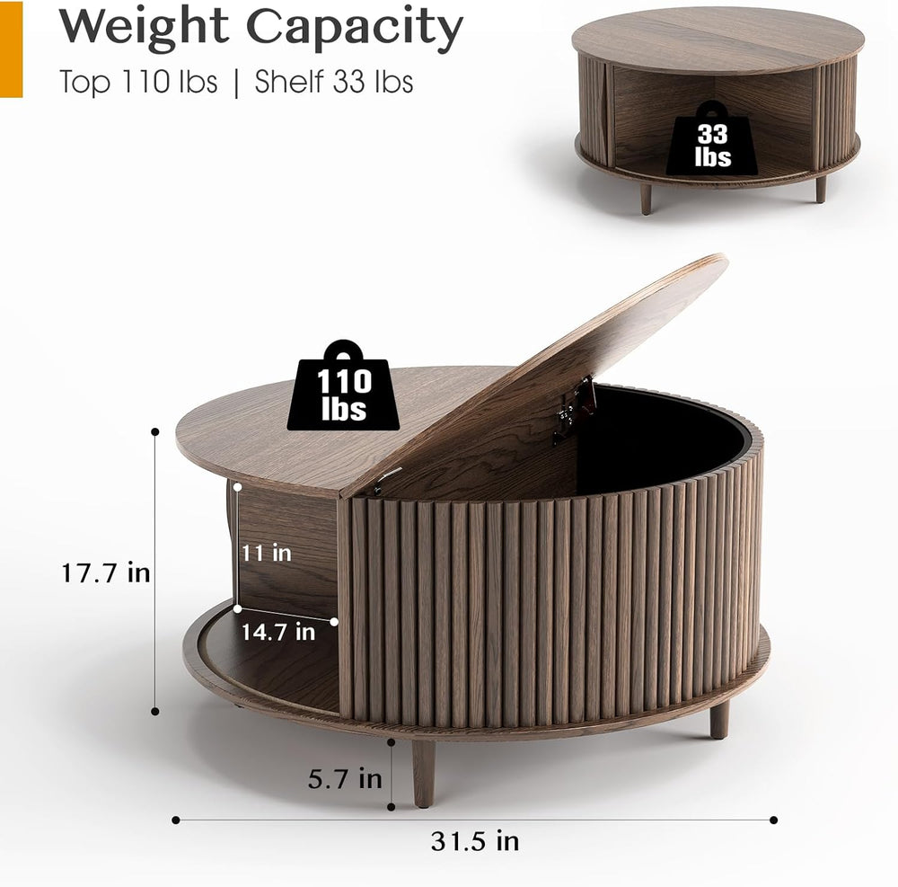 JOINICE,Round Coffee Table with Storage, 31.5" Fluted Center Table for L...