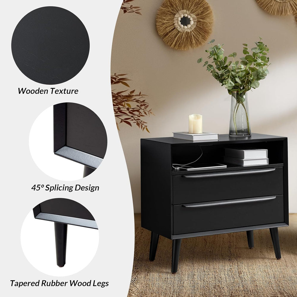 Mid-Century Modern End Table Set of 2 with Charging Station, 2 Drawers & ...