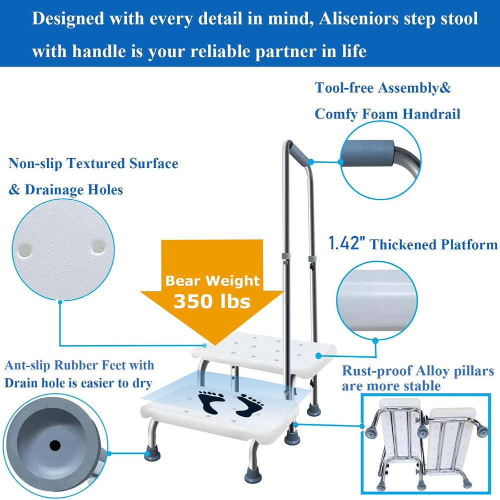 2 Step Stool with Handle for Elderly, Bed Steps for High Beds