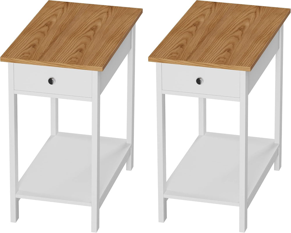 Side Table Set - Small Nightstand Set of 2 with Drawer and Open Storage Shelf...