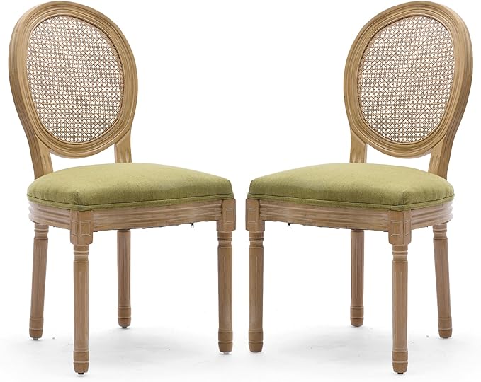 Rattan Back Upholstered Dining Chairs Set of 2 French Country Oval Kitchen Si...