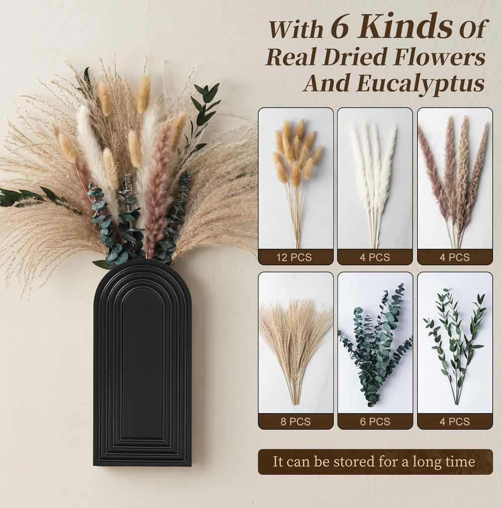 2 Pack Wooden Wall Vase Set with Pampas Grass Eucalyptus, Modern Farmhouse Bo...