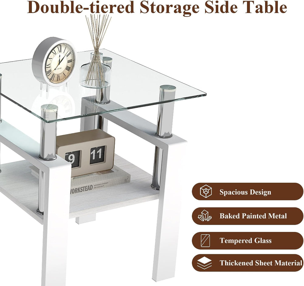 2-piece Set Modern Tempered Glass Side Table, Small Glass Top End Table, Squa...