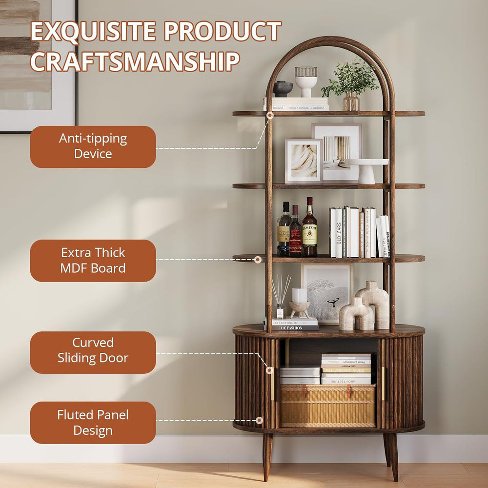 Airynee 71" Tall Arched Bookshelf with Sliding Doors, Mid Century Modern...