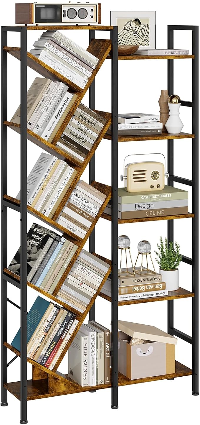 5-Tier Double Wide Bookshelf 67" , Industrial Tree BookShelves, Vintage ...