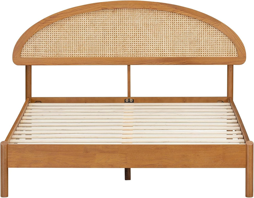 NTC Gem Wooden Bed Frame with Headboard and Natural Rattan, Solid Oak/Rubber ...