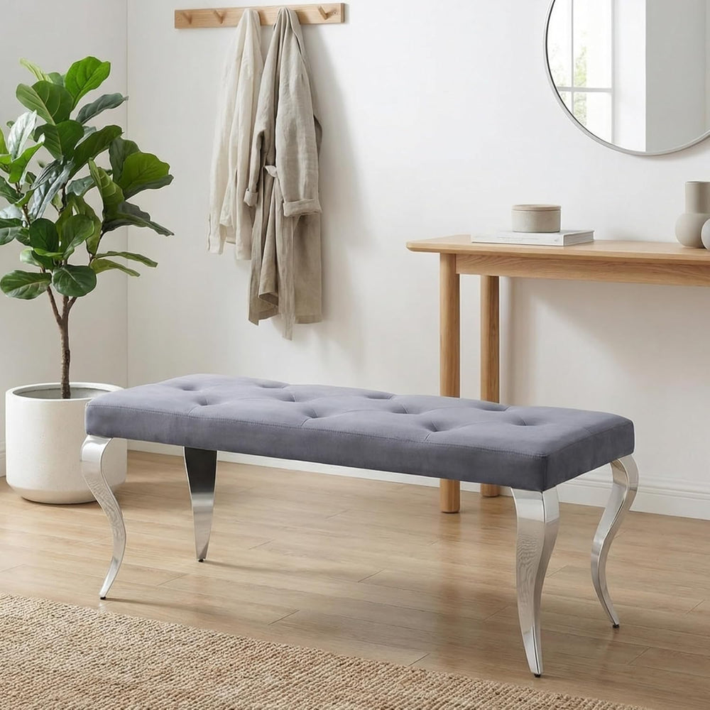 AUZ Grey Velvet Upholstered Bench with Gorgeous Silver Mirrored Curved Legs |...
