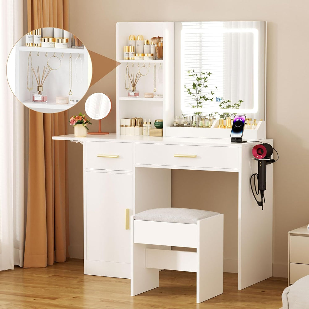 ERLEJIA Vanity Desk with Mirror and Lights & Extral Foldable Desk, 31.5&q...