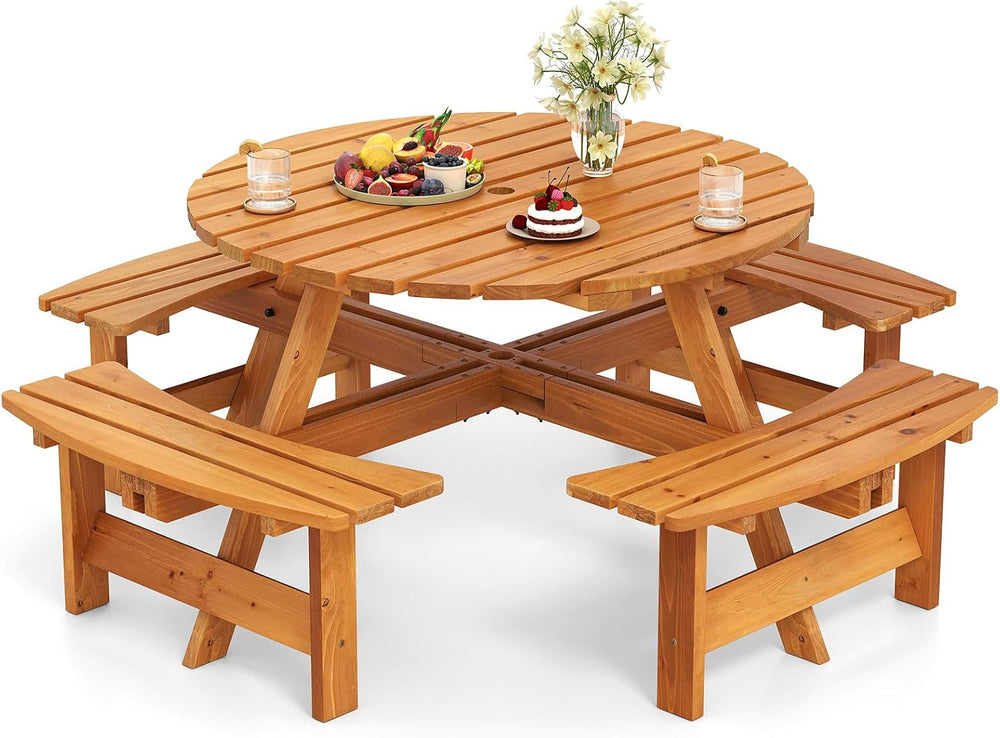GIANTEX 8-Person Round Picnic Table Set with 4 Benches, 550 LBS Bench Capacit...