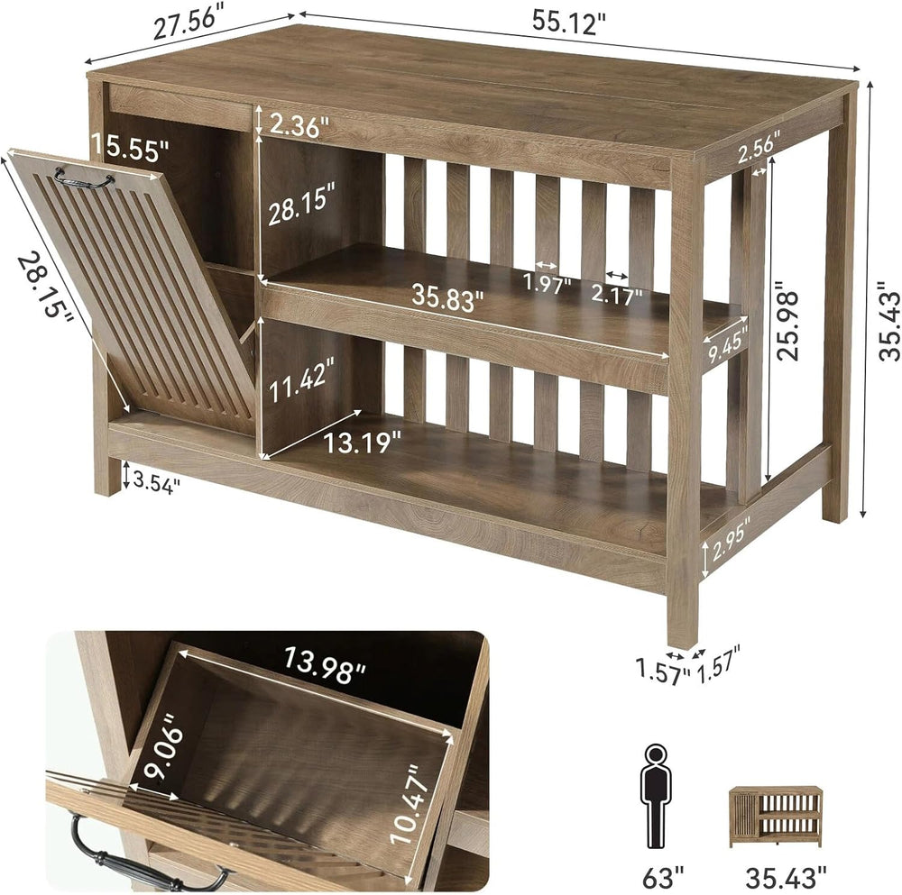 LITTLE TREE 55" Kitchen Island with Trash Can Storage, 3-Tier Island Tab...
