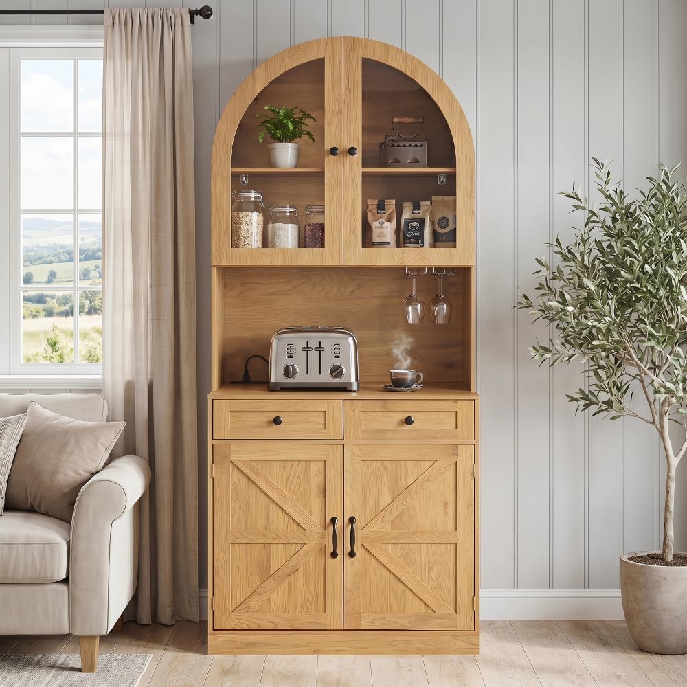 75" Farmhouse Tall Arched Pantry Cabinet with Charging Station, Adjustab...