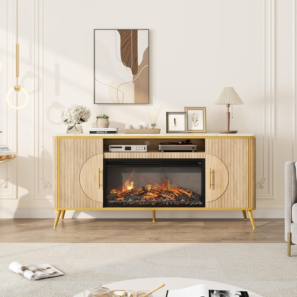 Fluted Fireplace TV Stand Up to 80" TVs, Modern Entertainment Center wit...
