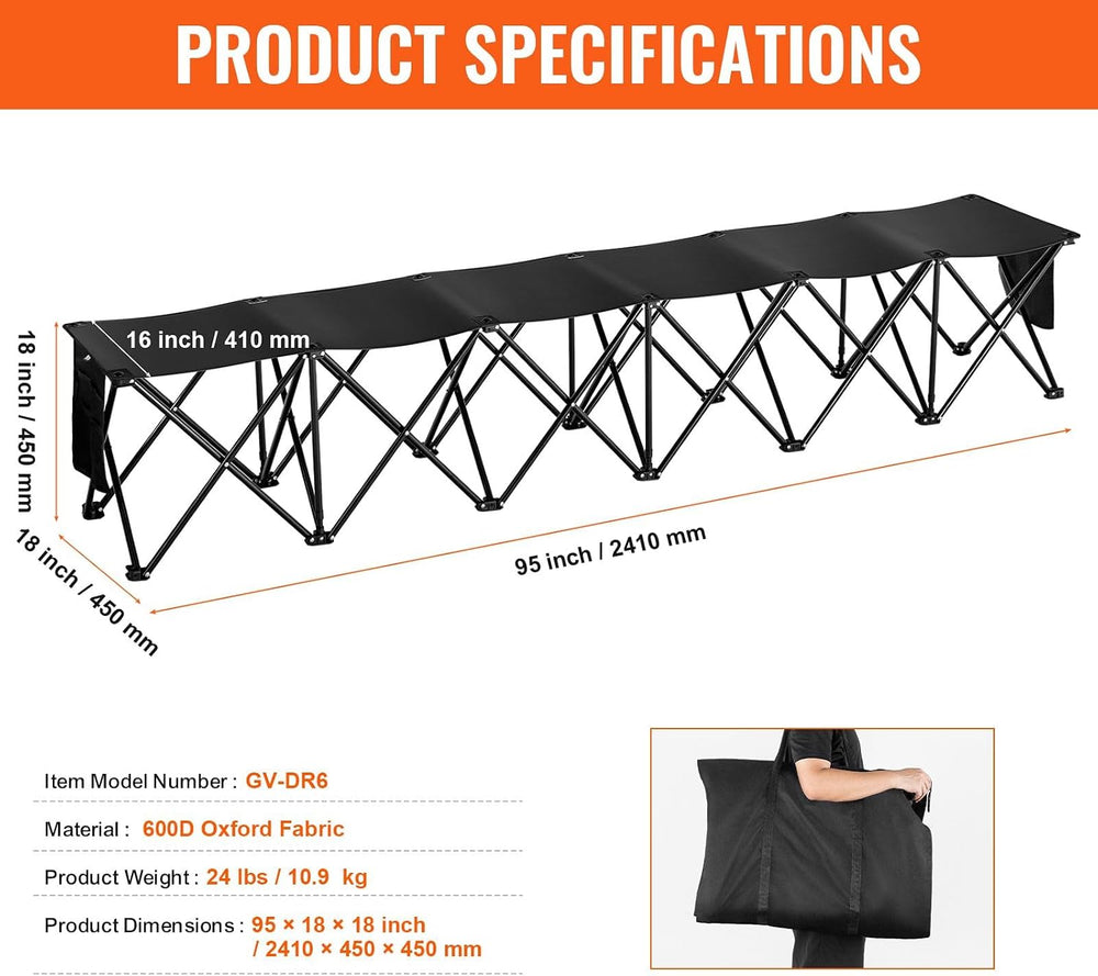 6-Seat Foldable Sports Bench with Side Pockets, Carrying Bag, 600D OxFor Ford...