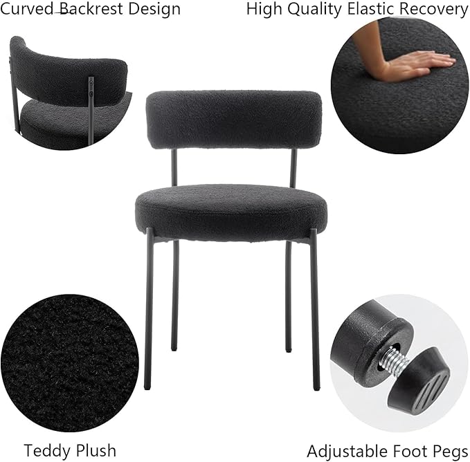 Black Boucle Dining Chairs Set of 4, Upholstered Dining Chairs with Black Met...