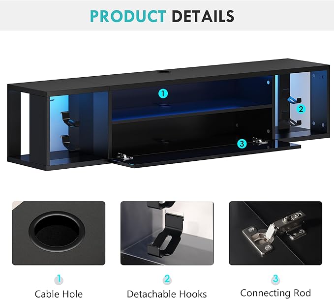 SogesHome 55'' Floating TV Stand with LED Lights, Wall Mounted Entert...