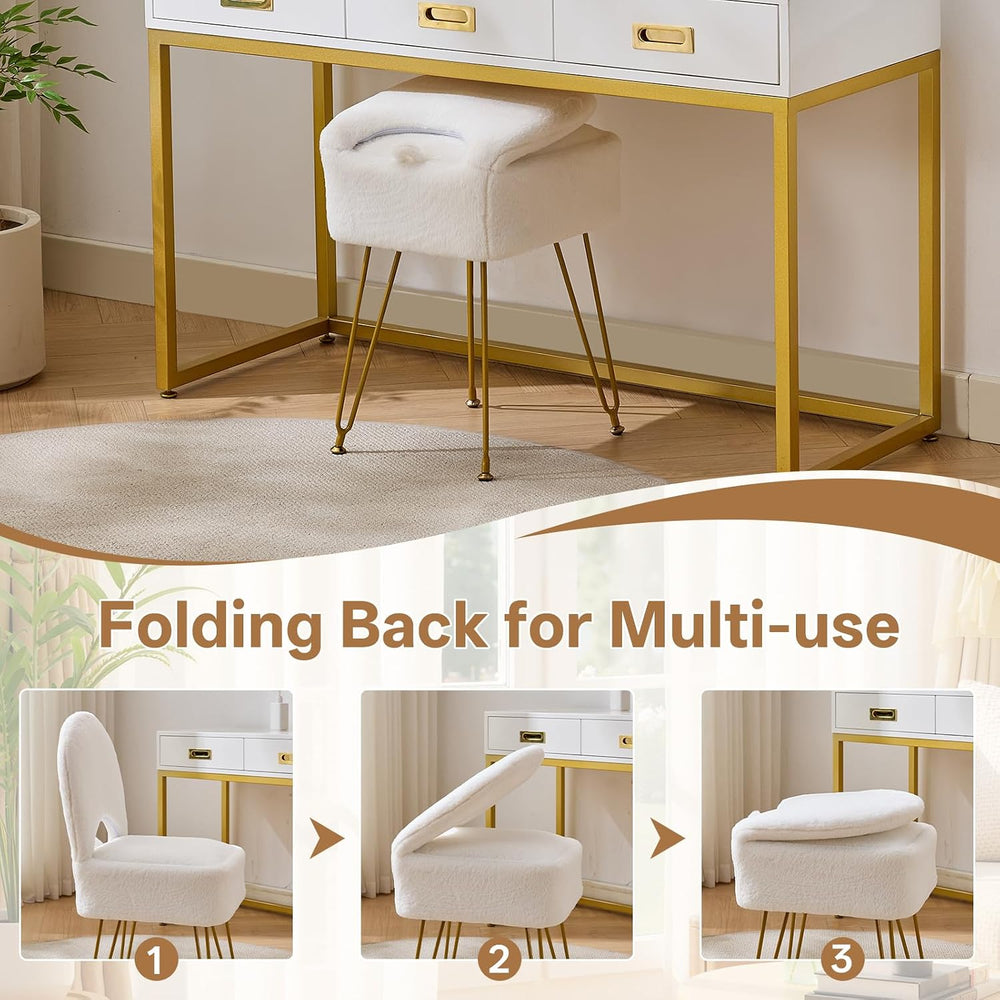 Gitrah White Vanity Chair with Storage, Folding Back Faux Fur Vanity Stool, M...
