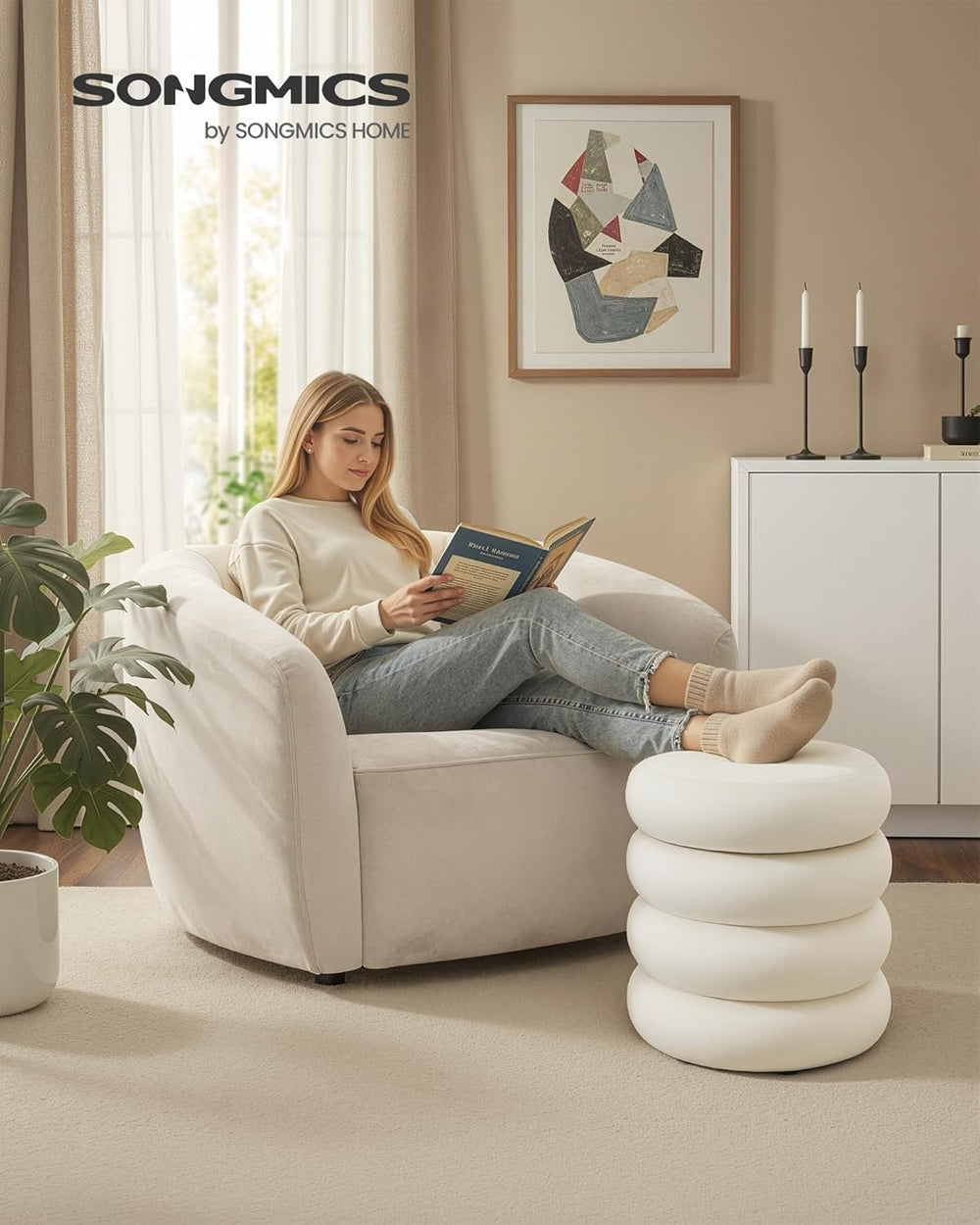 SONGMICS Vanity Stool, Round Ottoman with Storage, Upholstered Foot Stool, Re...