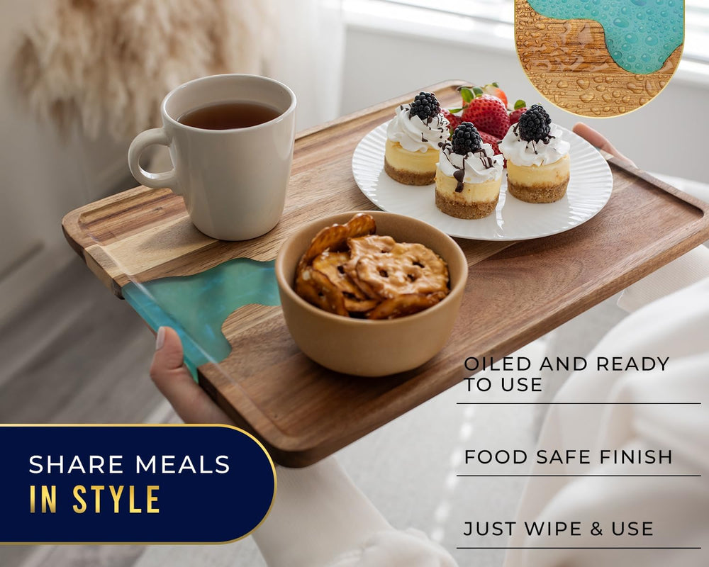 Comfify Celeste Blue Resin Acacia Wood Serving Tray – 15.8x11.7 Rectangular