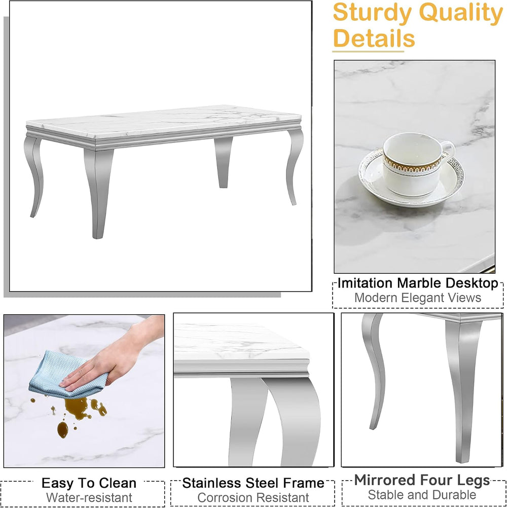 4 Piece Living Room Table Set, White Marble Coffee Table Set of 4, Modern Con...