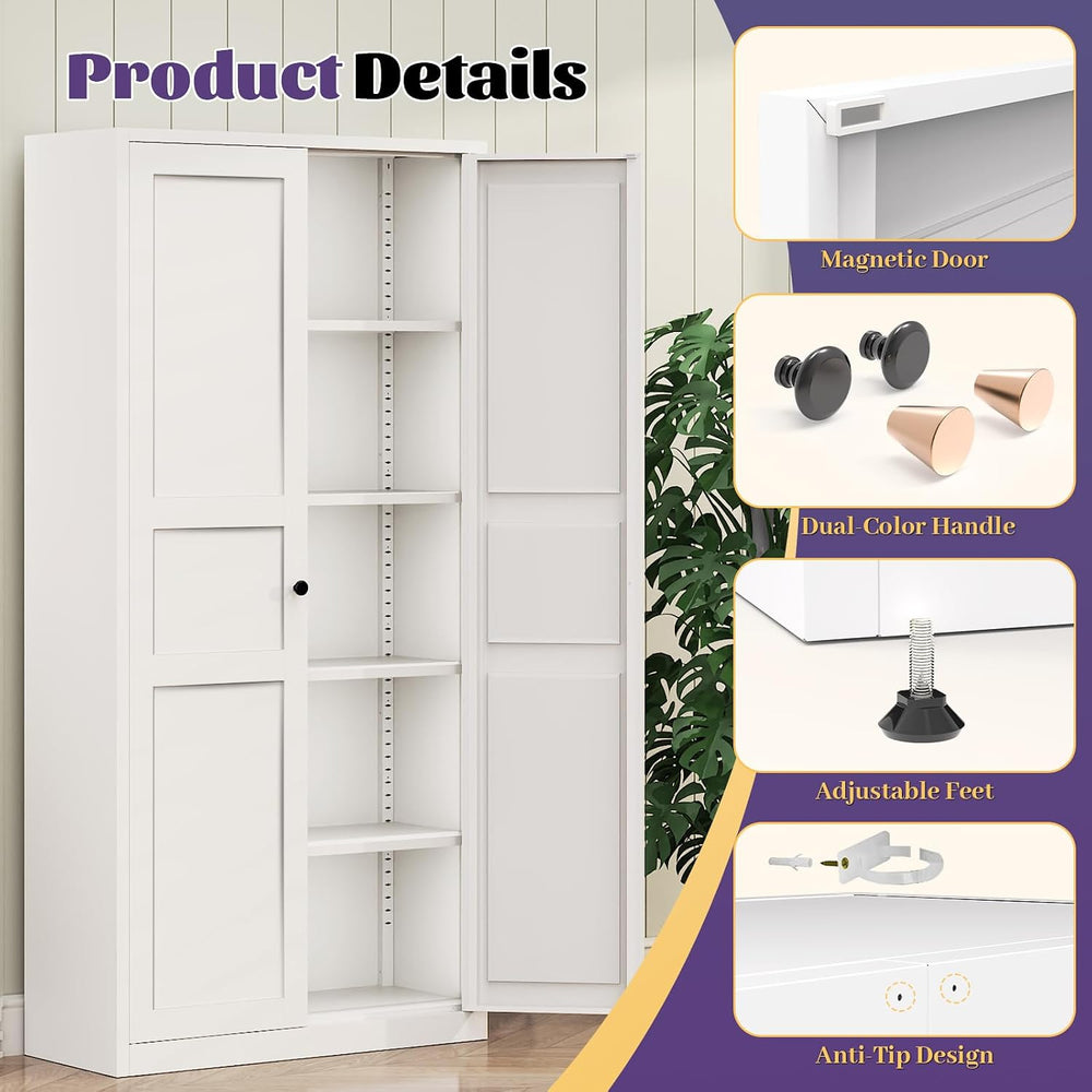 71"Kitchen Pantry Cabinet,White Metal Pantry Cabinet with 2 Doors & ...