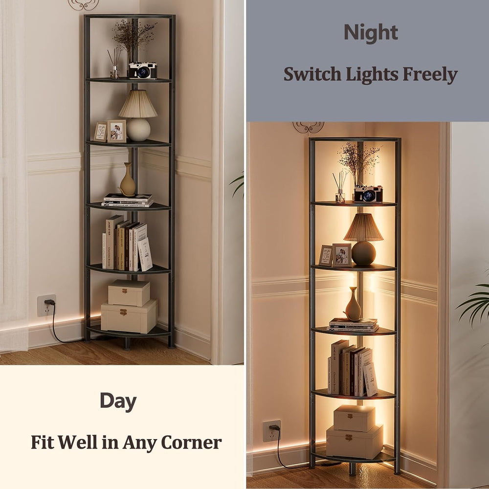 Furnulem 6 Tier Corner Shelf with LED Light, 67.5" Black Narrow Bookshel...