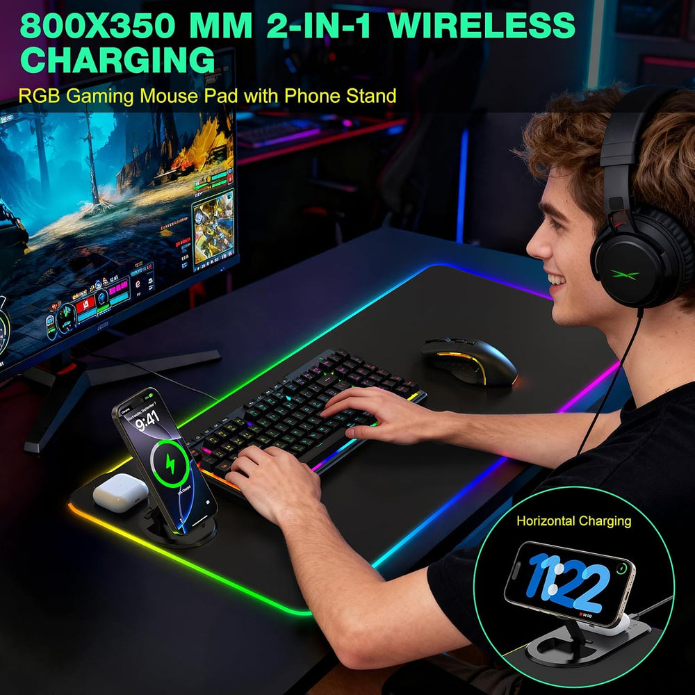 RGB Gaming Mouse Pad Wireless Charging Desk Mat with Foldable Phone Stand, La...
