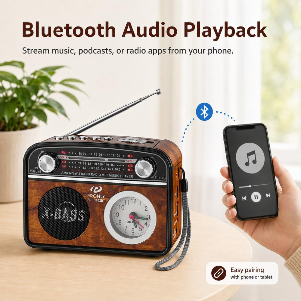 Portable AM/FM Radio with Bluetooth, Vintage Style Emergency Radio with Clock...