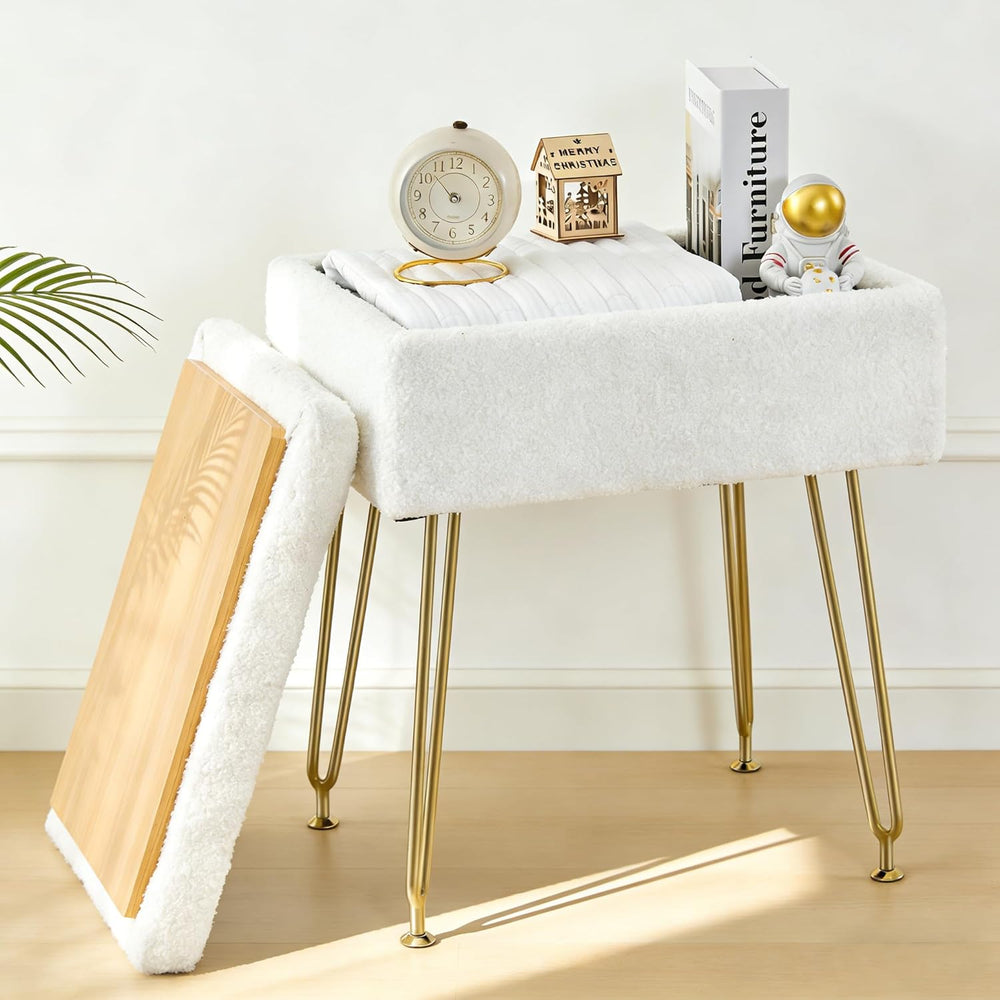BRIAN & DANY Vanity Stool, Sherpa Vanity Stool Chair with Storage, Rectan...