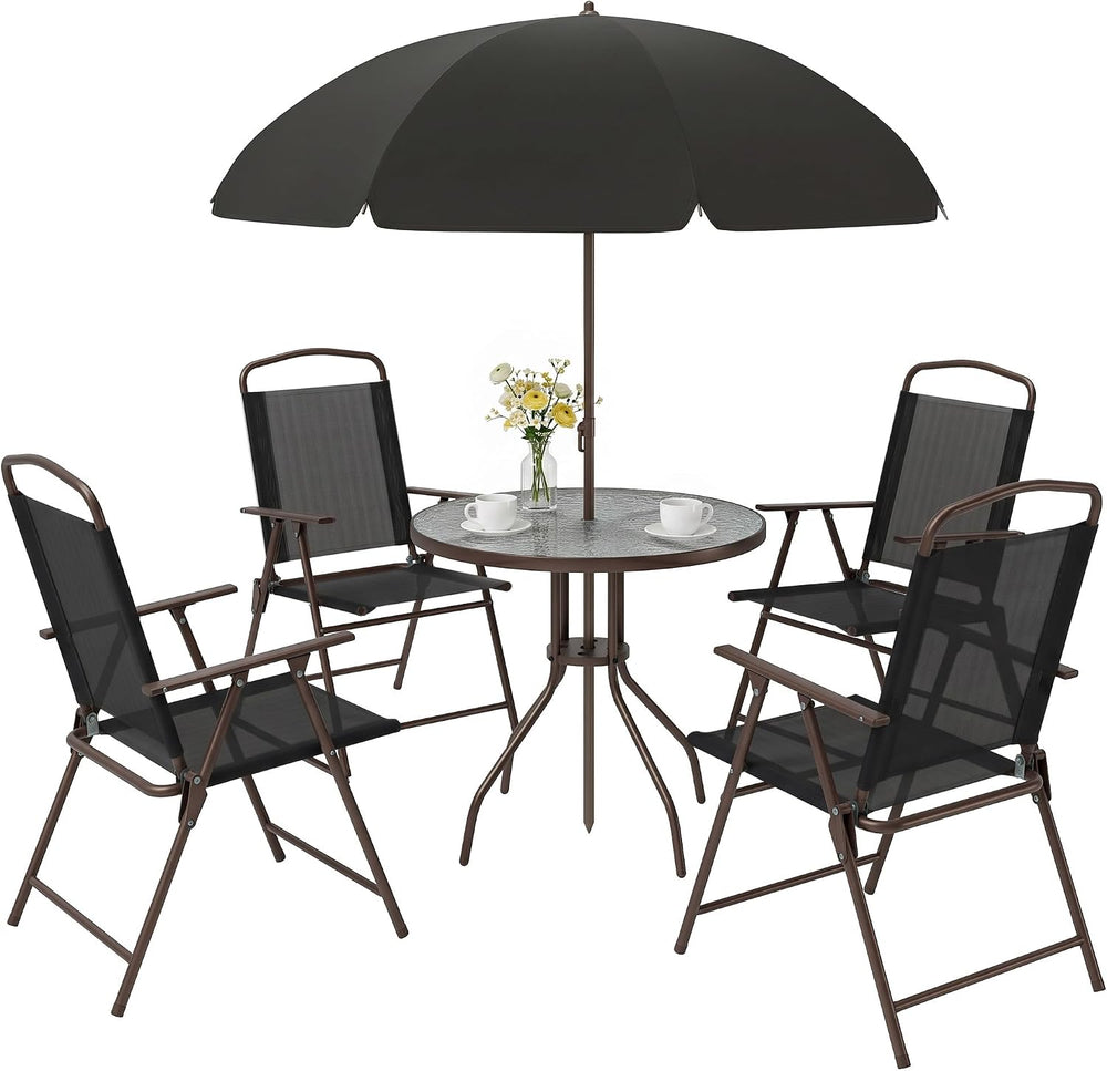 Outsunny 6 Piece Outdoor Patio Dining Set for 4 with Umbrella Black/Coffee
