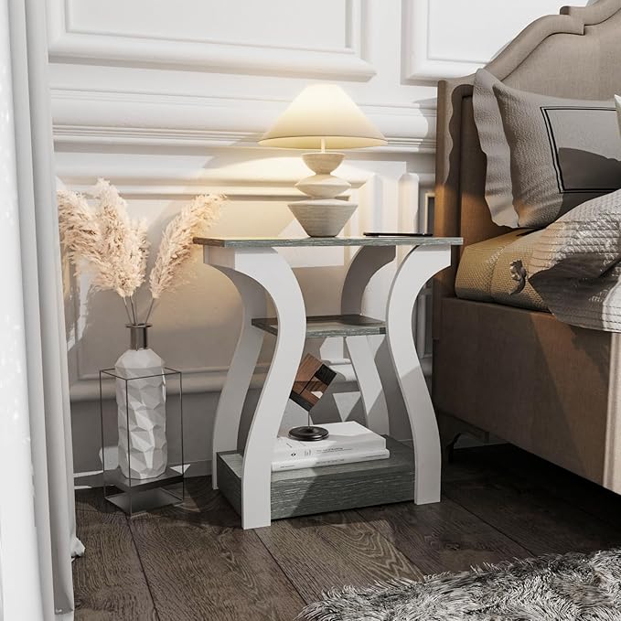 End Tables Living Room, Grey End Table with Charging Station, Grey Side Table...