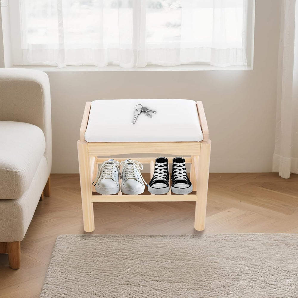 Shoe Bench with Cushion, 2-Tier Bamboo Shoe Rack Bench, Entryway Shoe Storage...