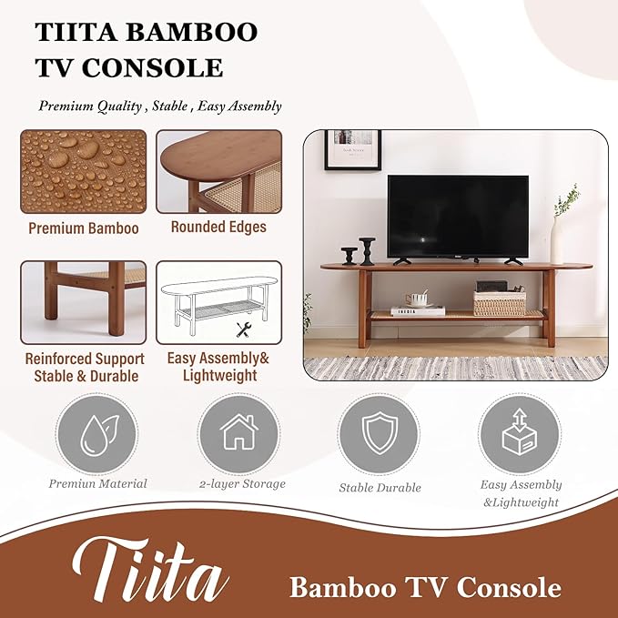 Tiita Bamboo TV Stand with Storage for TV up to 65 inch, Bamboo Rattan TV Con...