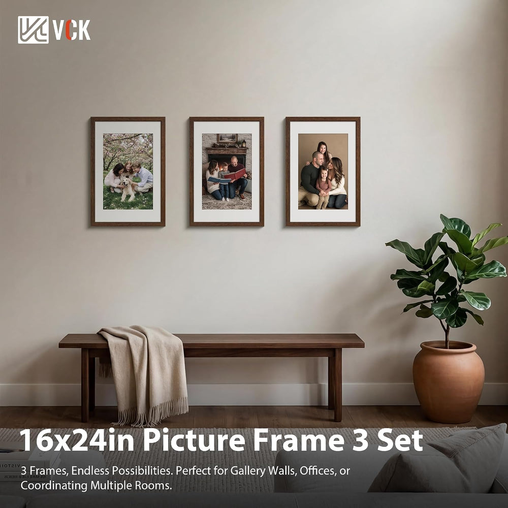 VCK 16x24 Frame 3 Pack, Brown Wood, 12x18 Mat, for Picture Print