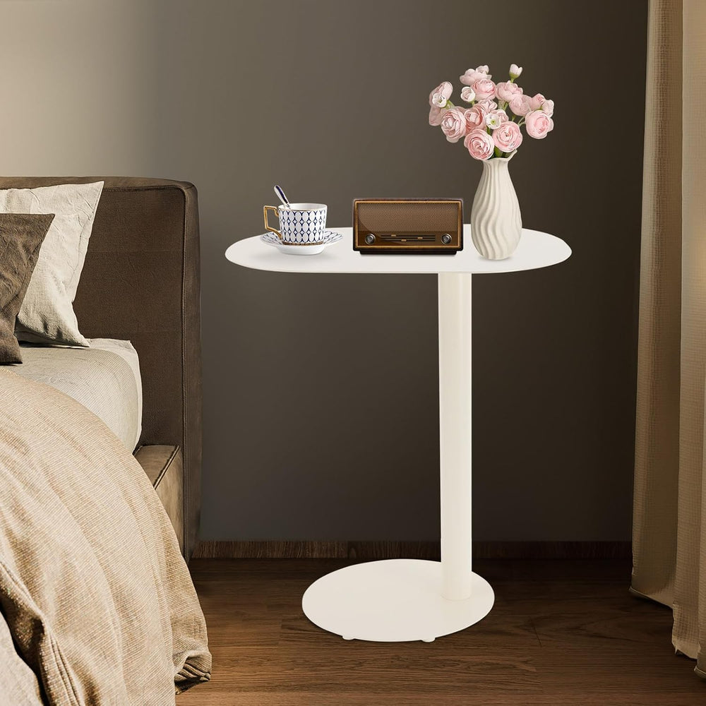 C-Shaped Side Table, Metal Coffee and Bedside Table, Small Cream White End Ta...