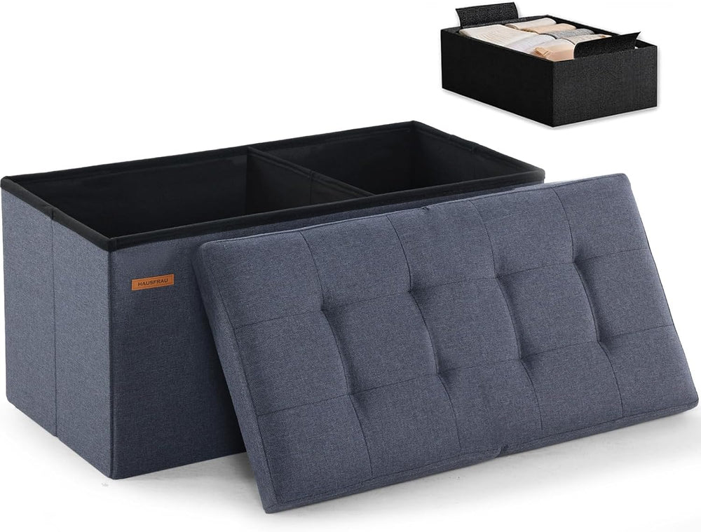 HAUSFRAU Ottoman with Storage Bench Folding Foot Rest Stool Linen Grey