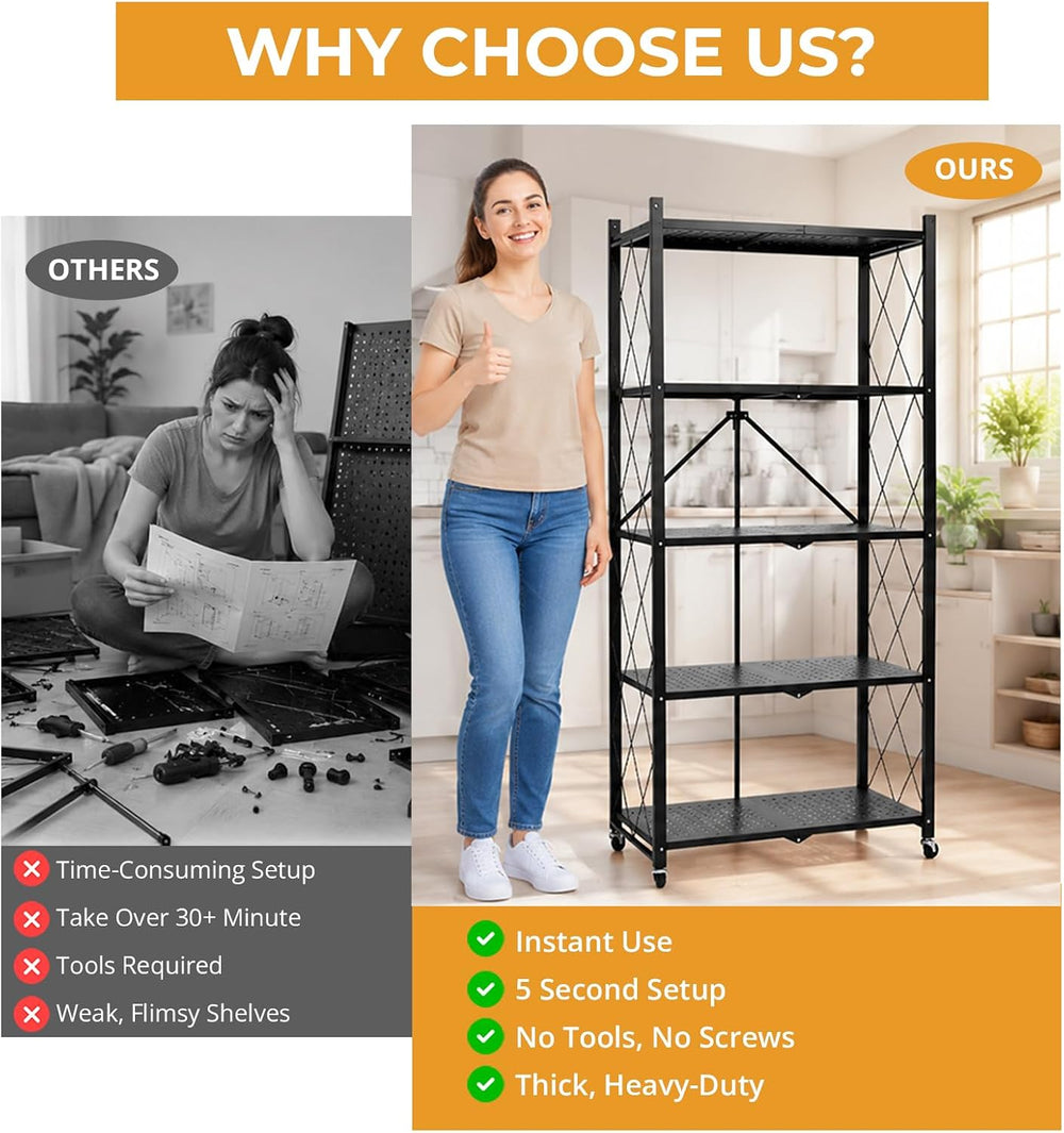 5 Tier Foldable Storage Shelf with Wheels, Heavy Duty Metal Rolling Shelf Rac...