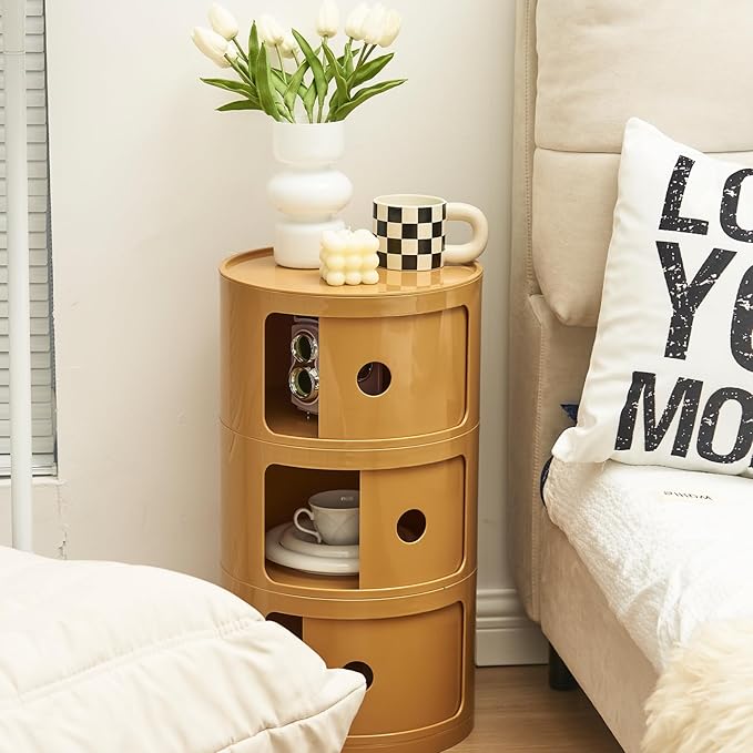 Round Nightstand with 3 Drawers, Modern Style Side Table, Multifunctional End...