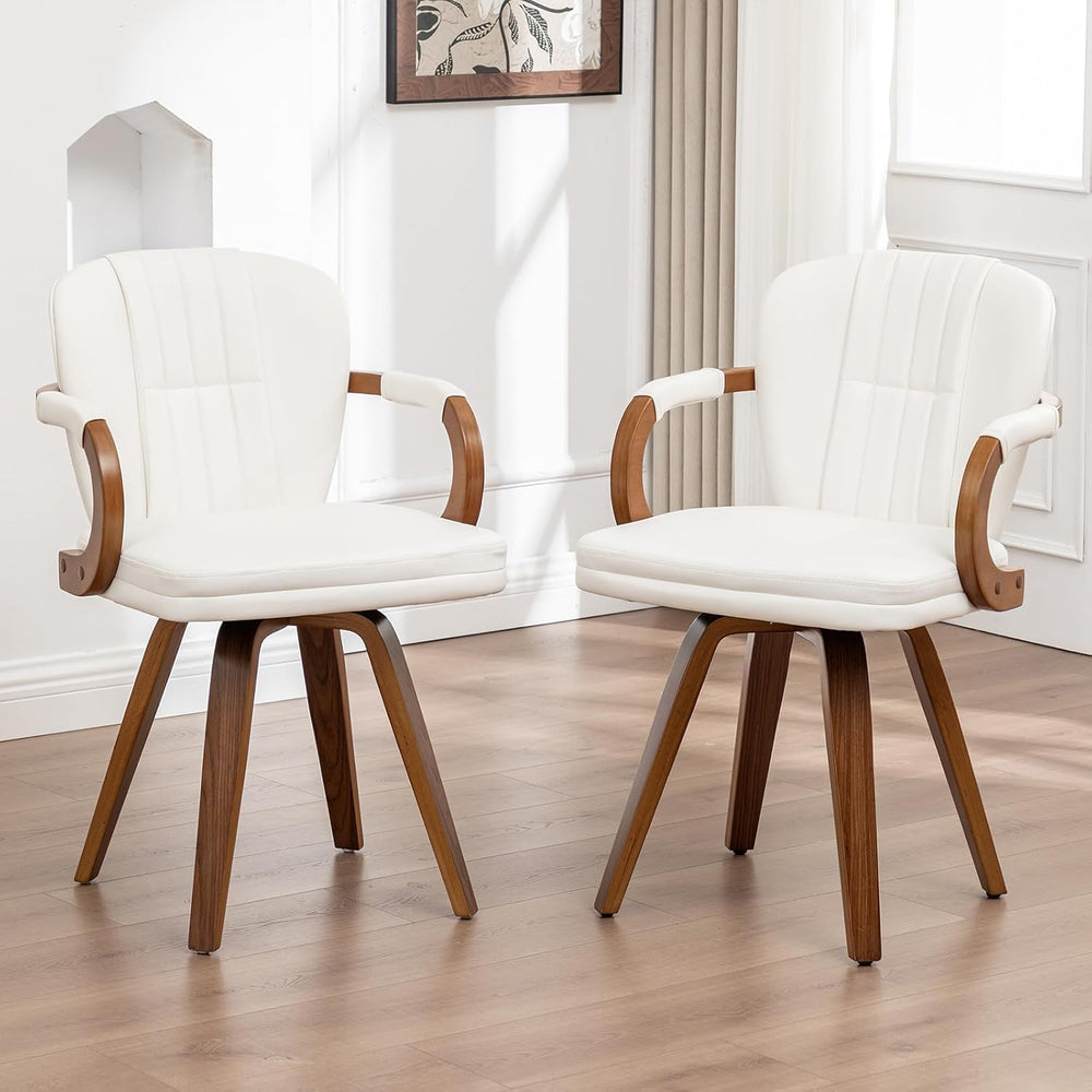 Swivel Dining Chairs Set of 2 Mid Century Modern White Faux Leather Upholster...